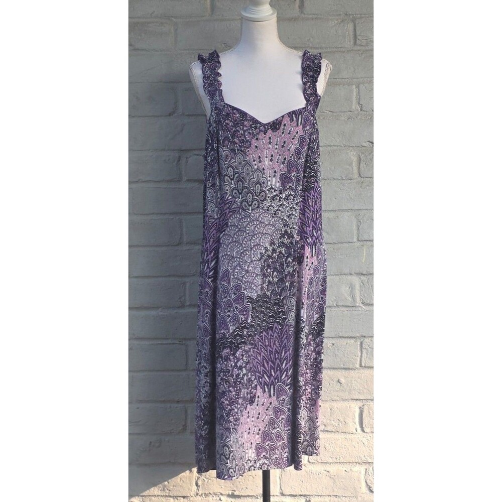 Dressbarn Plus Size 18 Purple Paisley Peacock Print Ruffle Strap Midi Dress
